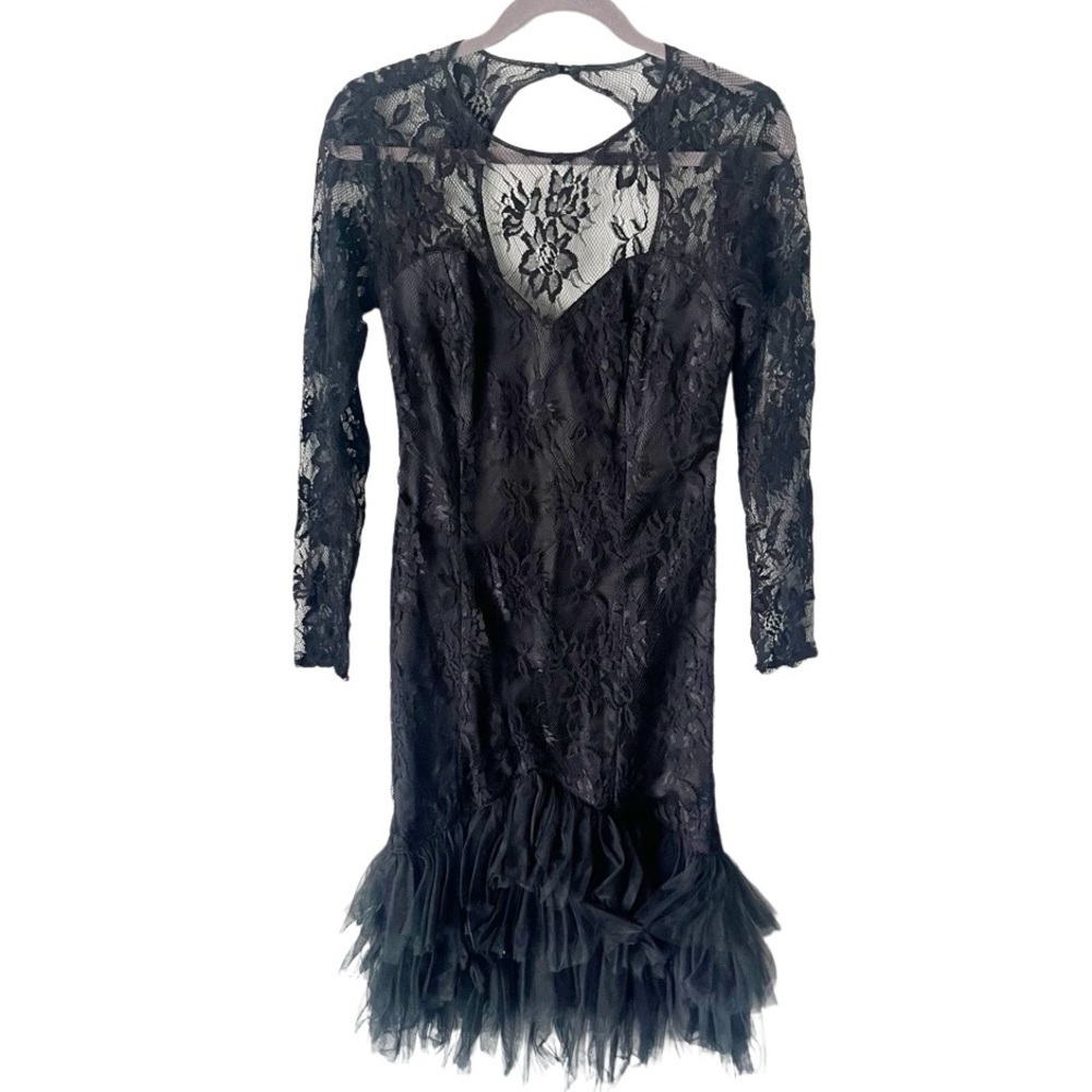 Vintage Dress Women's Small Black Lace Fishtail Midi Witchy Mermaid Grunge Goth